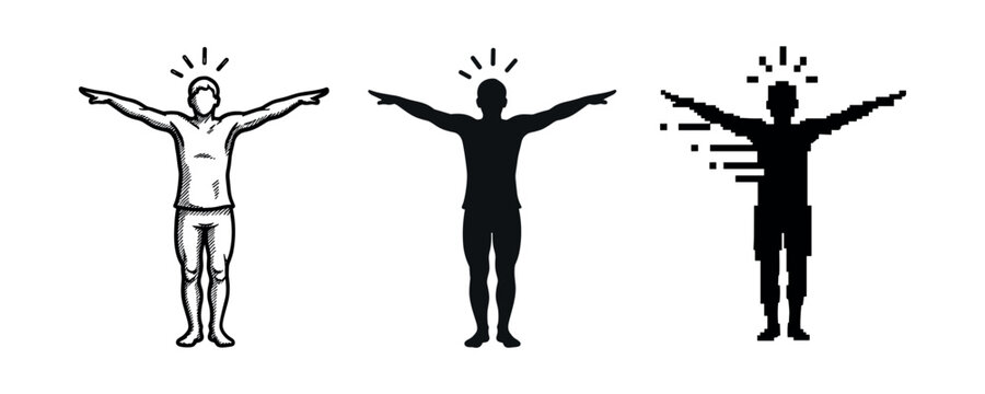 Evolution of human silhouettes: sketch, silhouette, and pixelated forms displaying t-pose