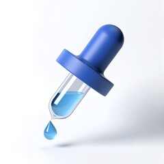minimalist 3D dropper icon, medical pipette with rounded blue rubber bulb and transparent glass tube, 
white background