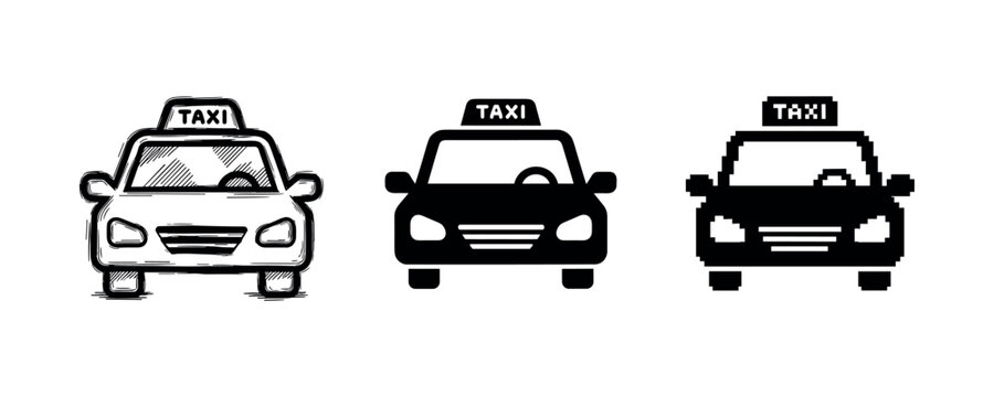Black and white taxi icons: sketch, solid, pixel art styles for transportation design