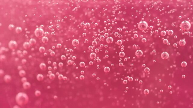 Bubbles rising through pink liquid in a glass
