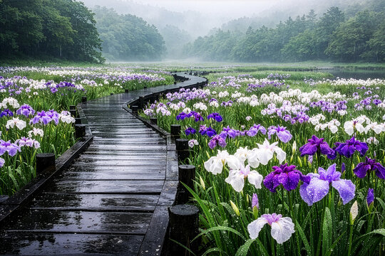 菖蒲 Iris 021 Japanese Iris Garden in the Rain with Wooden Boardwalk Path（雨に濡れる菖蒲園と続く木道の風景）