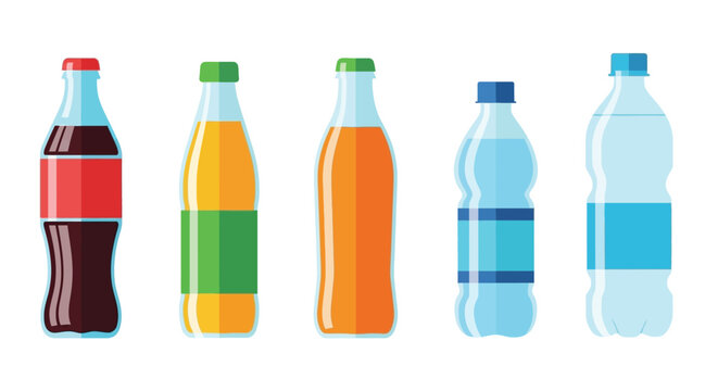 A row of five different colored beverage bottles illustrated in a flat style