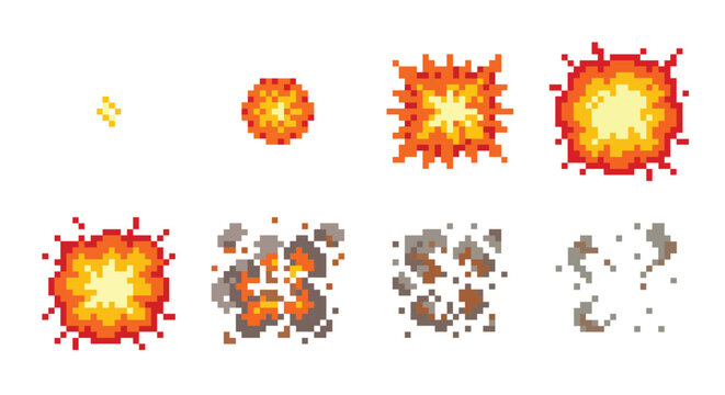 Pixel art explosion animation sprite sheet with 8 frames sequence vector