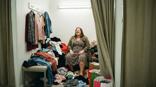 Middle aged white woman in cluttered closet, piles of clothes and shopping bags, overwhelmed mood and stress, wardrobe cleanout and decluttering theme for spring cleaning