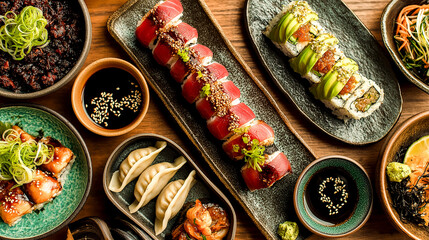 japanese food sushi with chopsticks table with variety of Asian dishes sushi rolls