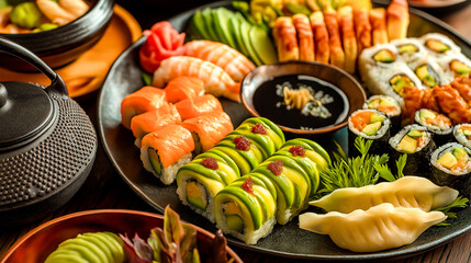 japanese food sushi with chopsticks table with variety of Asian dishes sushi rolls
