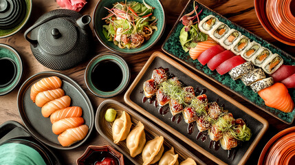 japanese food sushi with chopsticks table with variety of Asian dishes sushi rolls