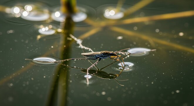 Water strider on water surface with reflection, nature scene close-up