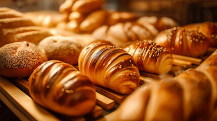 bread in a bakery display with croissants bread