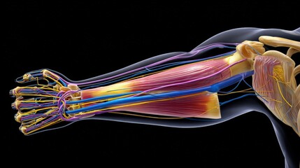 Side view of elbow anatomy highlighting ligaments and tendons involved in common pain syndromes