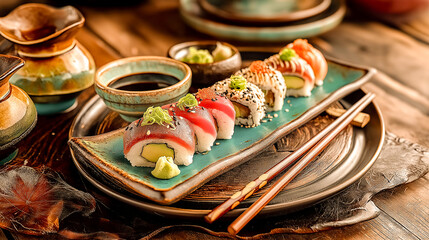 japanese food sushi with chopsticks table with variety of Asian dishes sushi rolls