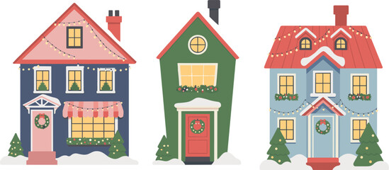 Christmas village houses illustration with festive decorations isolated on white background, winter holiday homes design artwork for greeting, branding, decor