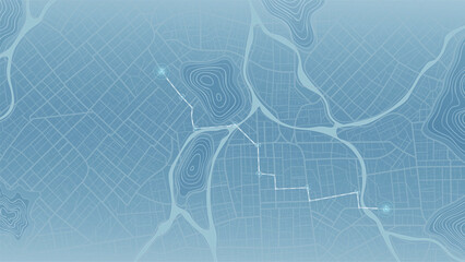 Blue monochromatic city map with navigation route and topographic lines. Vector illustration. © Vadym