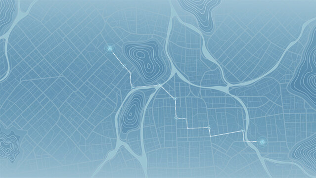 Blue monochromatic city map with navigation route and topographic lines. Vector illustration.
