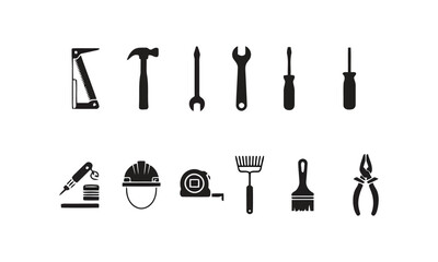Obraz premium Collection of construction and repair tools set on white background, simple icons