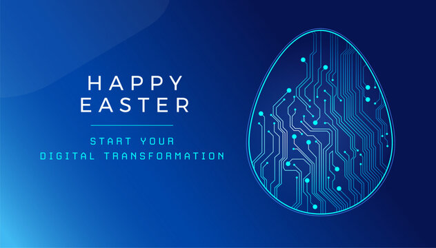 Easter technology background with abstract circuit board Easter egg pocking, and Start Your Digital Transformation text - modern corporate business vector illustration