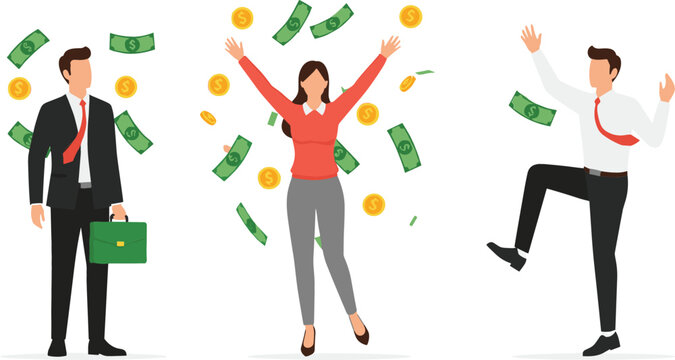 Flat vector illustration of happy business people celebrating financial success with falling money banknotes and gold coinsting