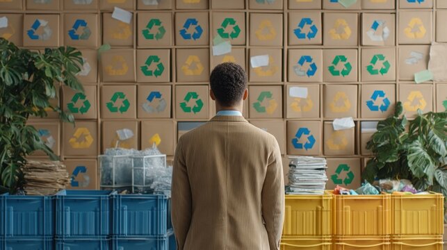 Man Standing in Front of Cardboard Boxes Featuring Recycling Symbols in Bright Colors