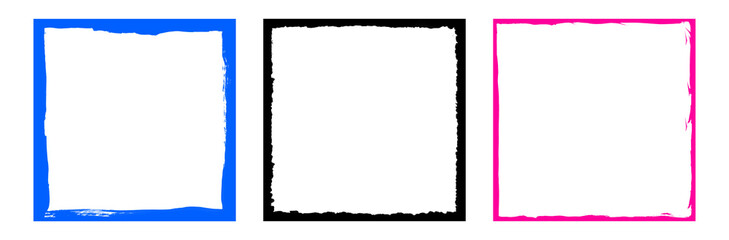 Three grunge style empty frame templates with different colors blue black and pink on transparent background