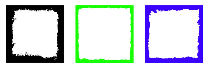 Three grunge style empty frame templates with different colors black green and blue on transparent background