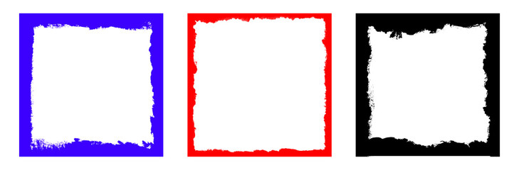 Three grunge style empty frame templates with different colors blue red and black on transparent background