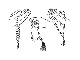 hand drawn hand praying with tasbih or rosary illustrations