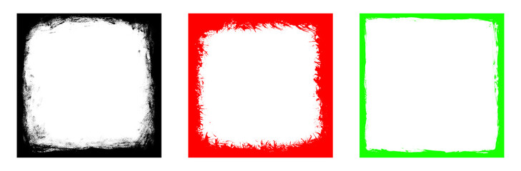 Rough black, red and green grunge frames with transparent center for design and decoration