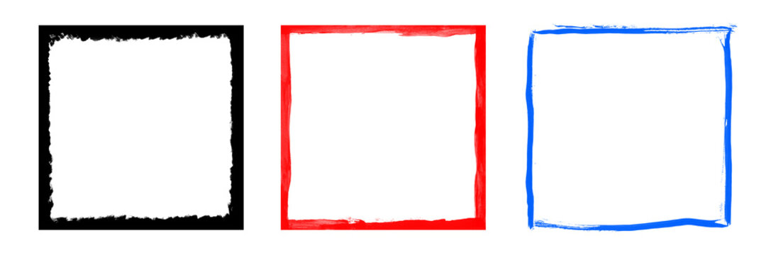 Grunge square frame set in black red and blue colors featuring distressed paint edges for creative photo border design arts