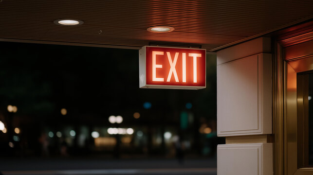 Inside a theater lobby, an illuminated emergency exit sign offers reassurance to patrons, representing the essential safety measures in public venues for audiences enjoying entertainment while