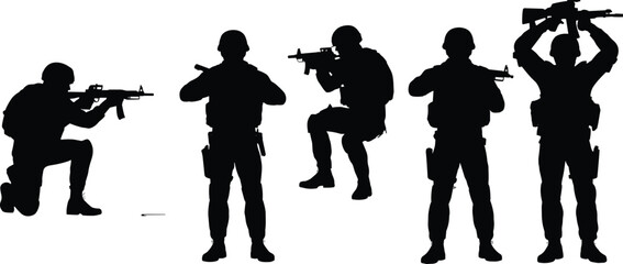 Military soldier silhouettes in tactical combat stances isolated on white background, armed forces action illustration for security, defense, training concepts