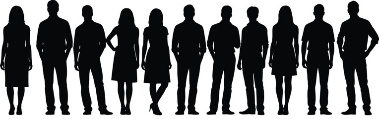 People group silhouette lineup illustration, diverse men and women standing together, business team community concept isolated on white background studio