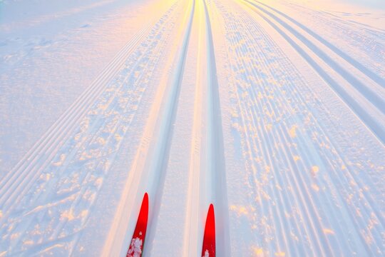 Cross country skiing. Close up of shoes and ski.