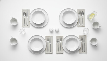 Budget friendly celebration dinner at home set with white plates and silver cutlery arranged neatly on white table for simple meal