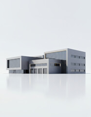 Ultra-realistic 3D architectural render of a modern industrial building isolated on white background