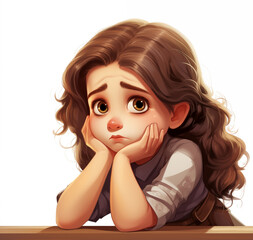 The girl is sad. with a sad face, homework.  I came up with an idea. a thinking student. white background.