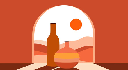 Relaxing evening with wine and pizza under a warm sunset sky