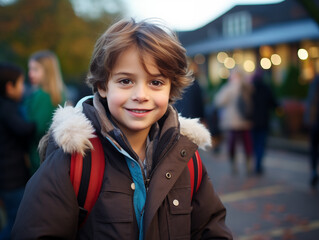 A boy In the jacket before school. A boy thinking. The student came up with something. homework. The Teenager came up with an idea.  An illustration.