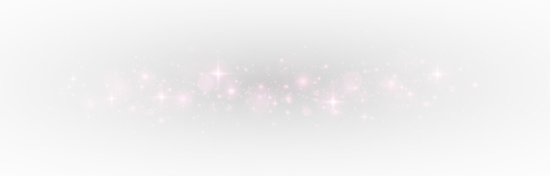 Magic starburst with scattered shimmer and shiny particles. Festive pink confetti, glistering dust, and sparkling light for holiday decoration.
