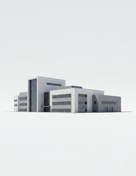 Ultra-realistic 3D architectural render of a modern industrial building isolated on white background