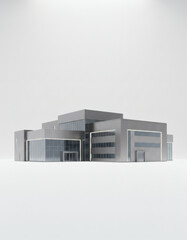 Ultra-realistic 3D architectural render of a modern industrial building isolated on white background