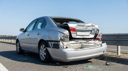 Naklejka premium Silver Sedan Car with Severe Rear-End Damage After Accident on Roadside