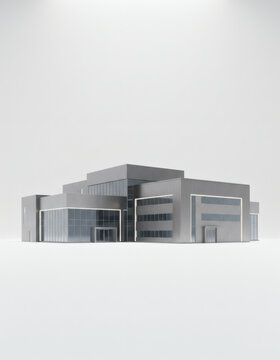 Ultra-realistic 3D architectural render of a modern industrial building isolated on white background