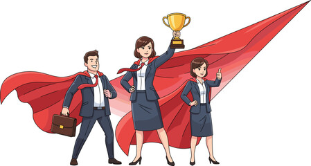 Business Team Superhero Concept with Red Cape and Trophy Symbolizing Success Leadership and Achievement Vector Illustration © MdMunzurul
