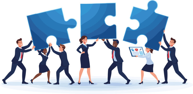 Business Team Holding Large Puzzle Pieces Working Together on Partnership and Teamwork Concept Vector Illustration