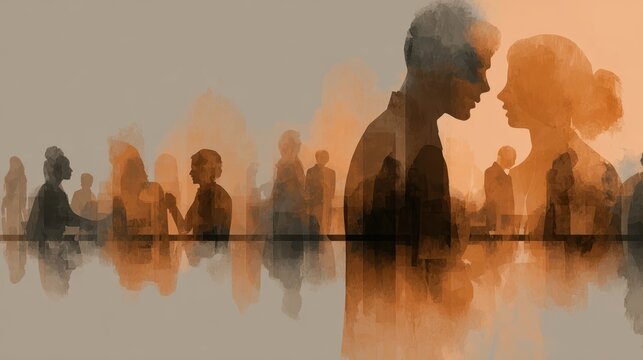 Dynamic team meeting illustration corporate office watercolor art professional environment engaging viewpoint internal collaboration concept