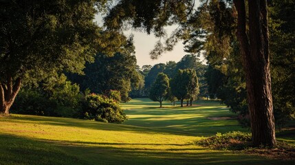 Obraz premium The serene environment of a golf course with wide open spaces, lush grass, and tall trees creating natural boundaries