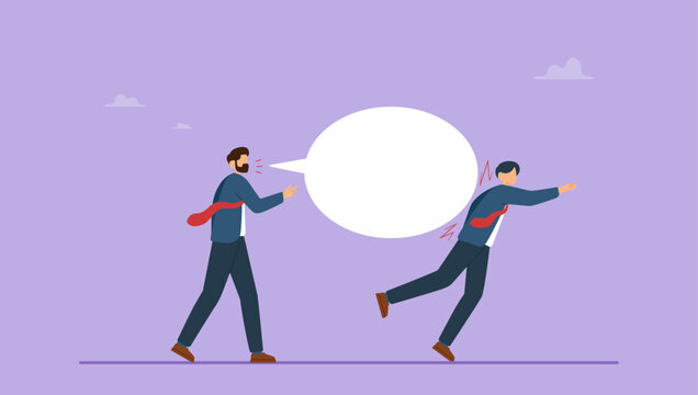 Bossy aggressive businessman shout with speech bubble to hurt coworker or colleague. Hate speech, bullying, words or message that hurt people, aggressive management style, racism in workplace.