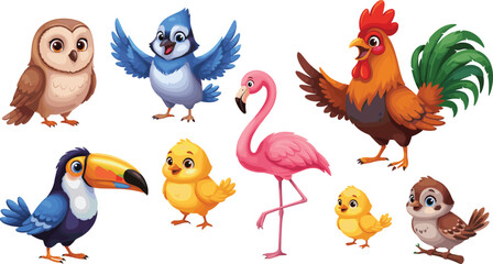 Obraz premium Cute Cartoon Birds Collection Including Owl Flamingo Toucan Rooster and Chicks Isolated on White Background Vector Illustration