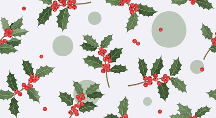 Holiday-themed holly leaves and berries scattered across a light background
