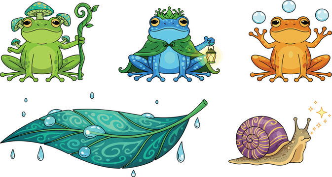 Cute fantasy frog characters set with wizard frog king frog and juggling frog along with snail and magical leaf vector illustration.